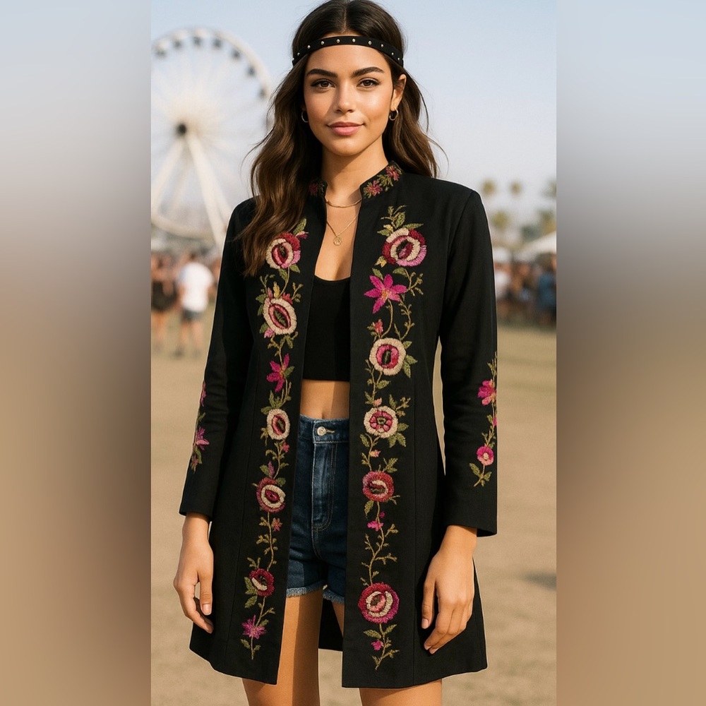 Newport News Black Floral‎ Embroidered Boho Festival Long Coat Jacket Size 6